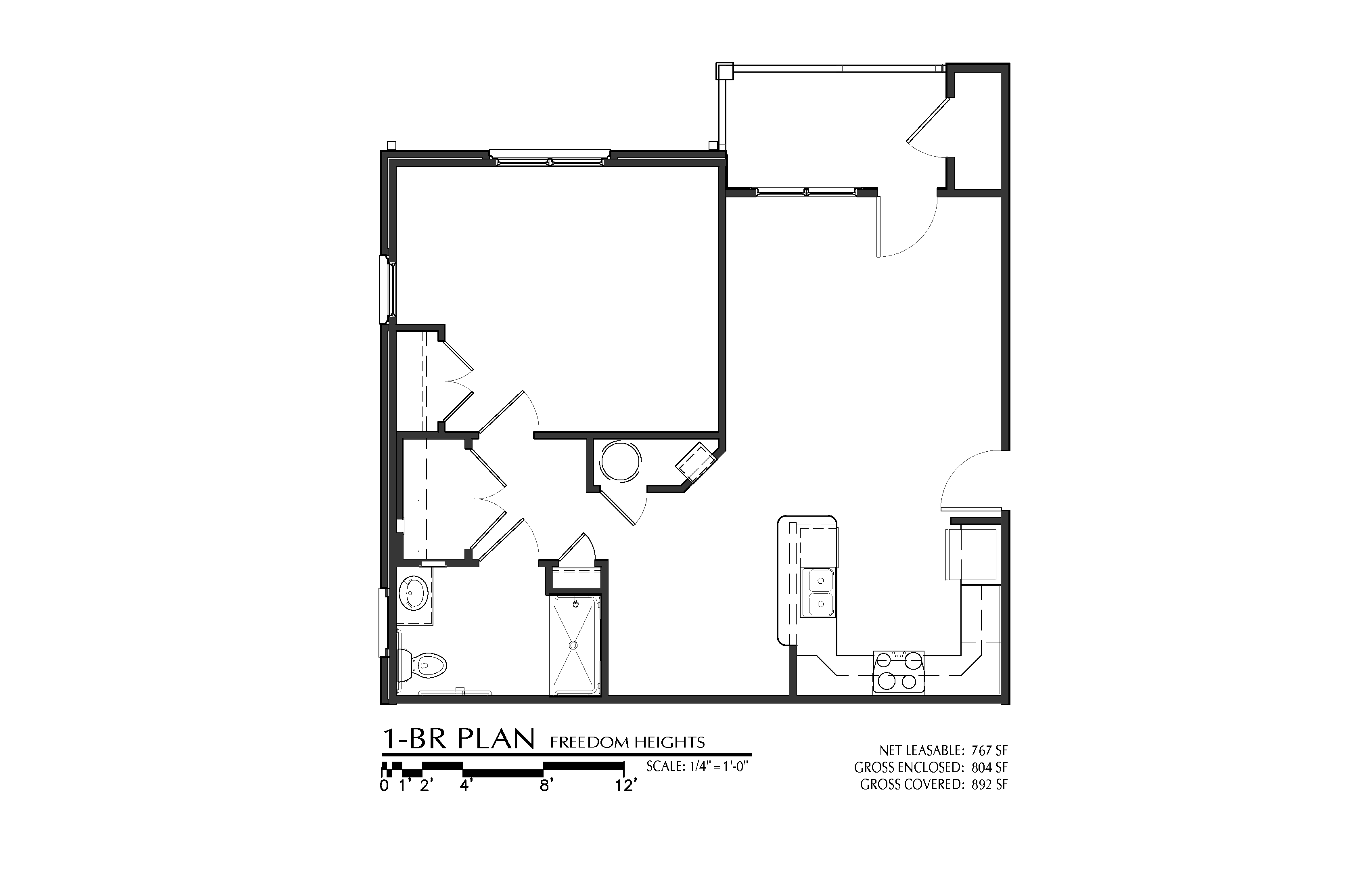 Floor plan for 1 bed, 1 bath, 804 sqft